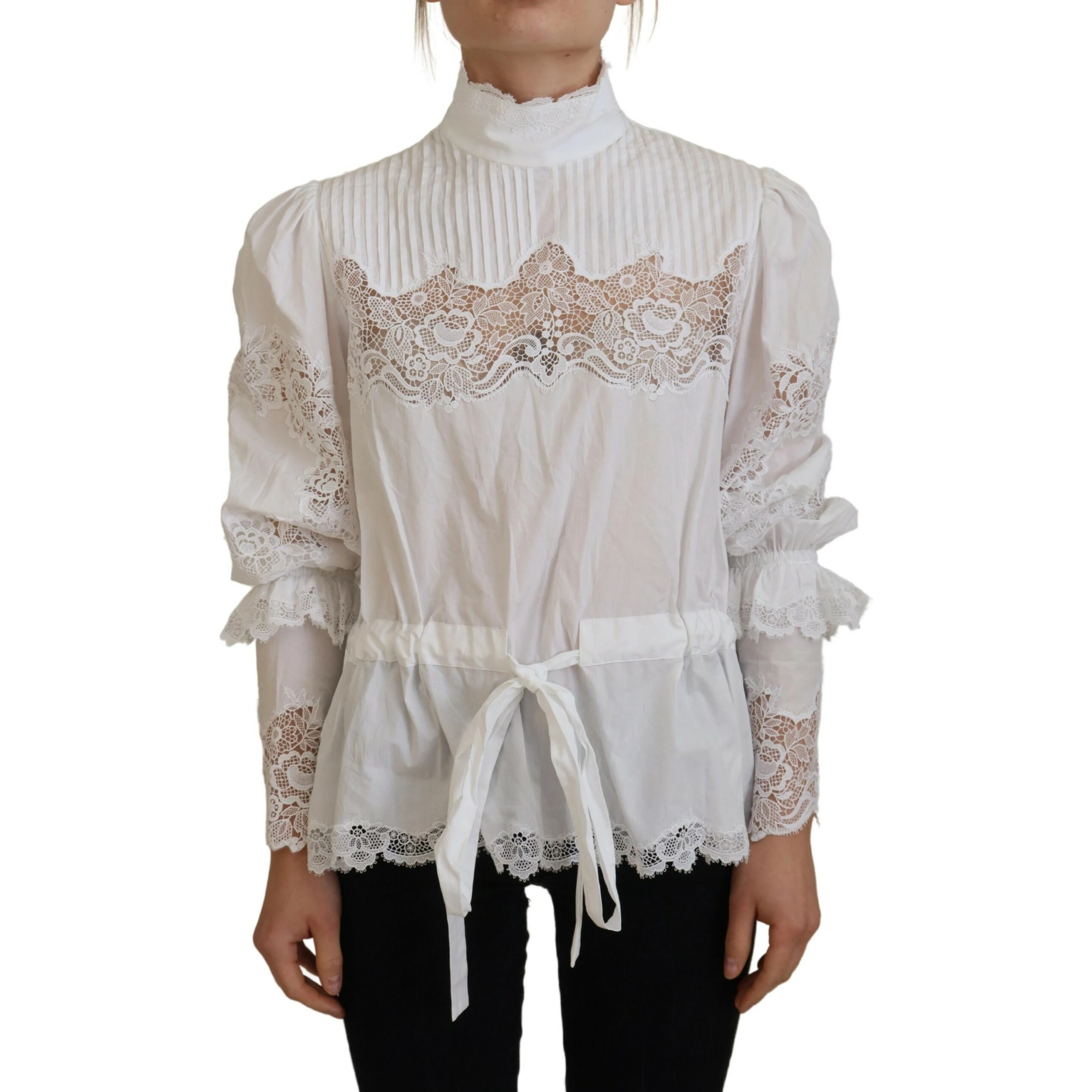 White Cotton Lace Trim Turtle Neck Blouse Top