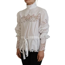 White Cotton Lace Trim Turtle Neck Blouse Top