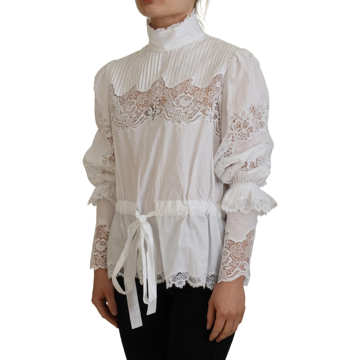 White Cotton Lace Trim Turtle Neck Blouse Top