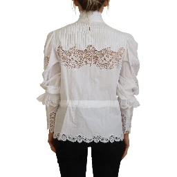 White Cotton Lace Trim Turtle Neck Blouse Top
