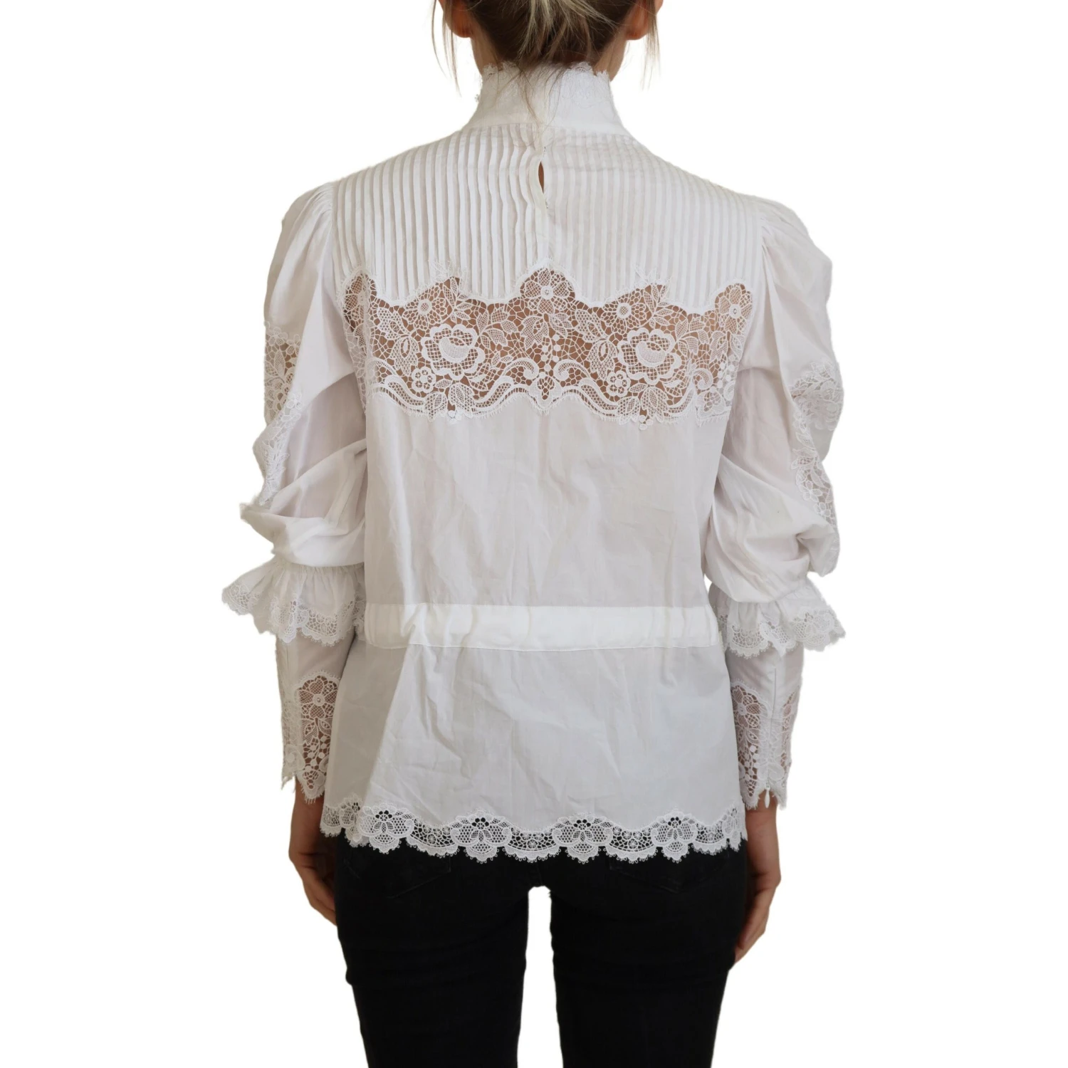 White Cotton Lace Trim Turtle Neck Blouse Top