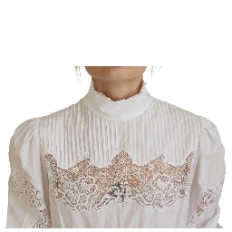 White Cotton Lace Trim Turtle Neck Blouse Top