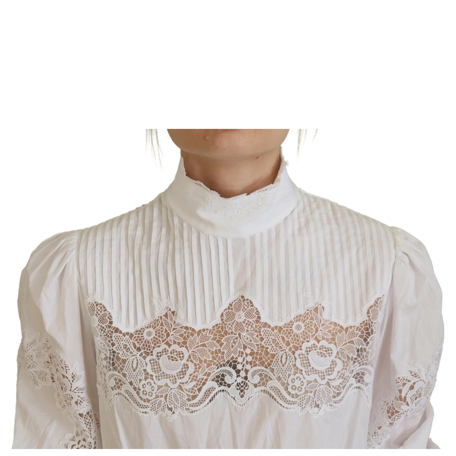 White Cotton Lace Trim Turtle Neck Blouse Top