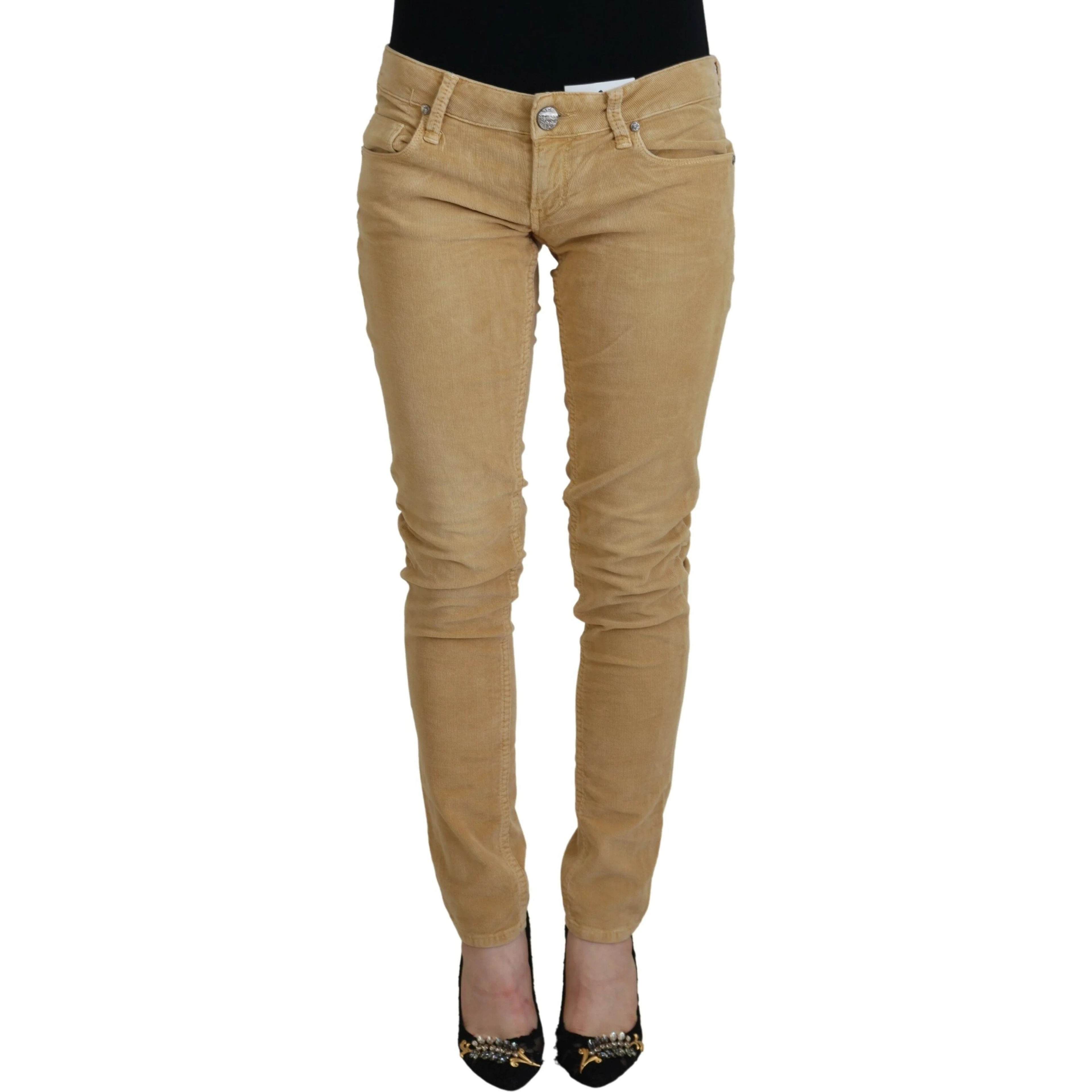 Brown Cotton Corduroy Low Waist Women Casual Jeans