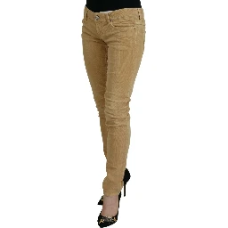 Brown Cotton Corduroy Low Waist Women Casual Jeans