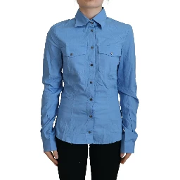 Blue Cotton Long Sleeves Collared Button Down Top