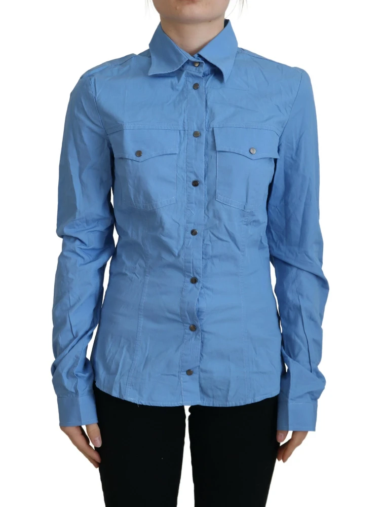 Blue Cotton Long Sleeves Collared Button Down Top
