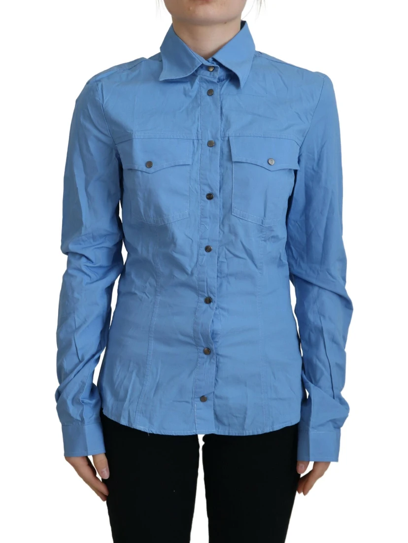 Blue Cotton Long Sleeves Collared Button Down Top