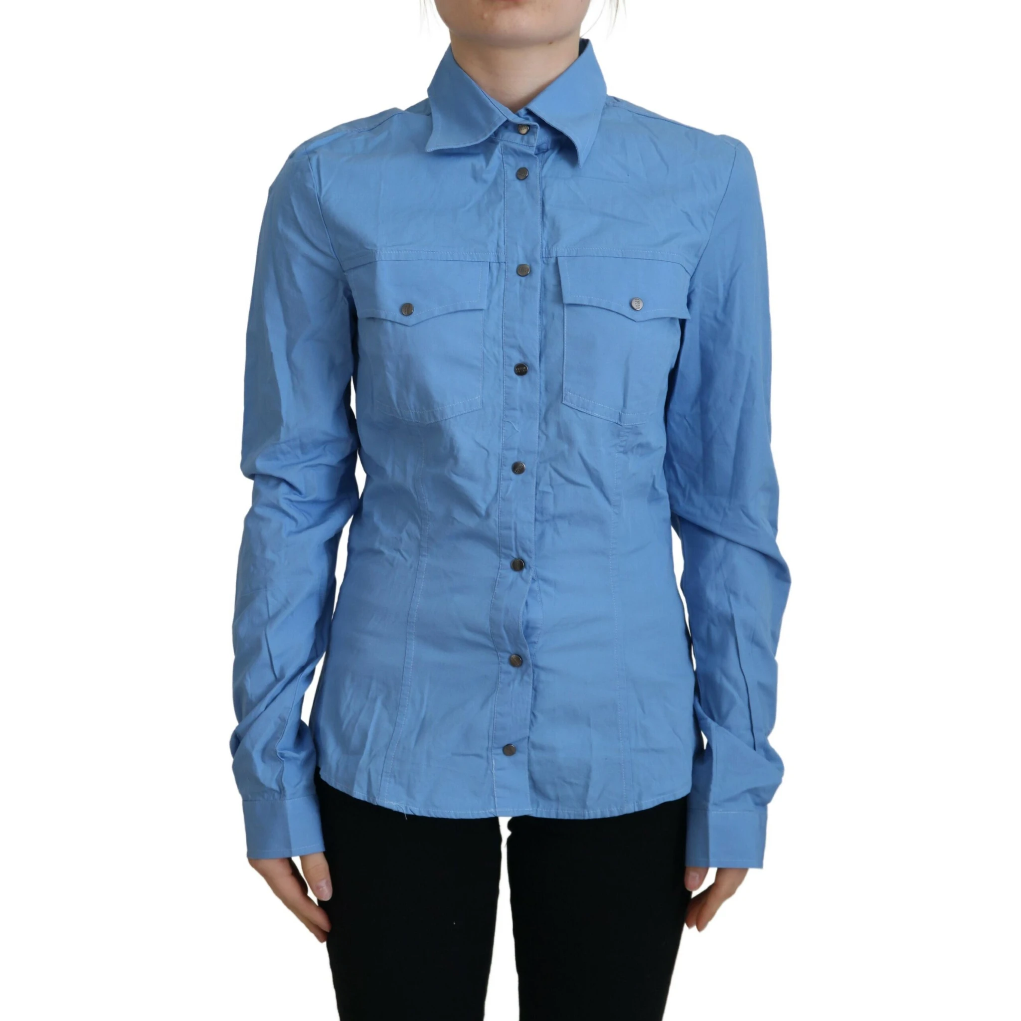 Blue Cotton Long Sleeves Collared Button Down Top