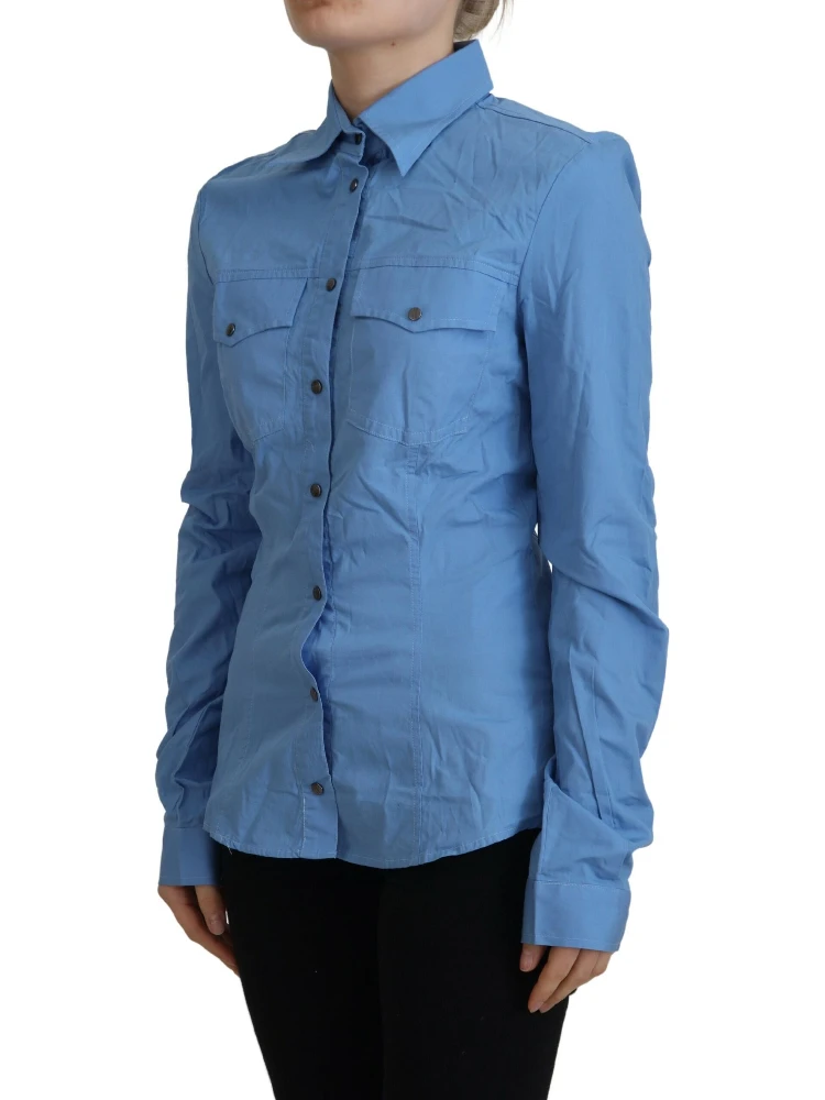 Blue Cotton Long Sleeves Collared Button Down Top alternative