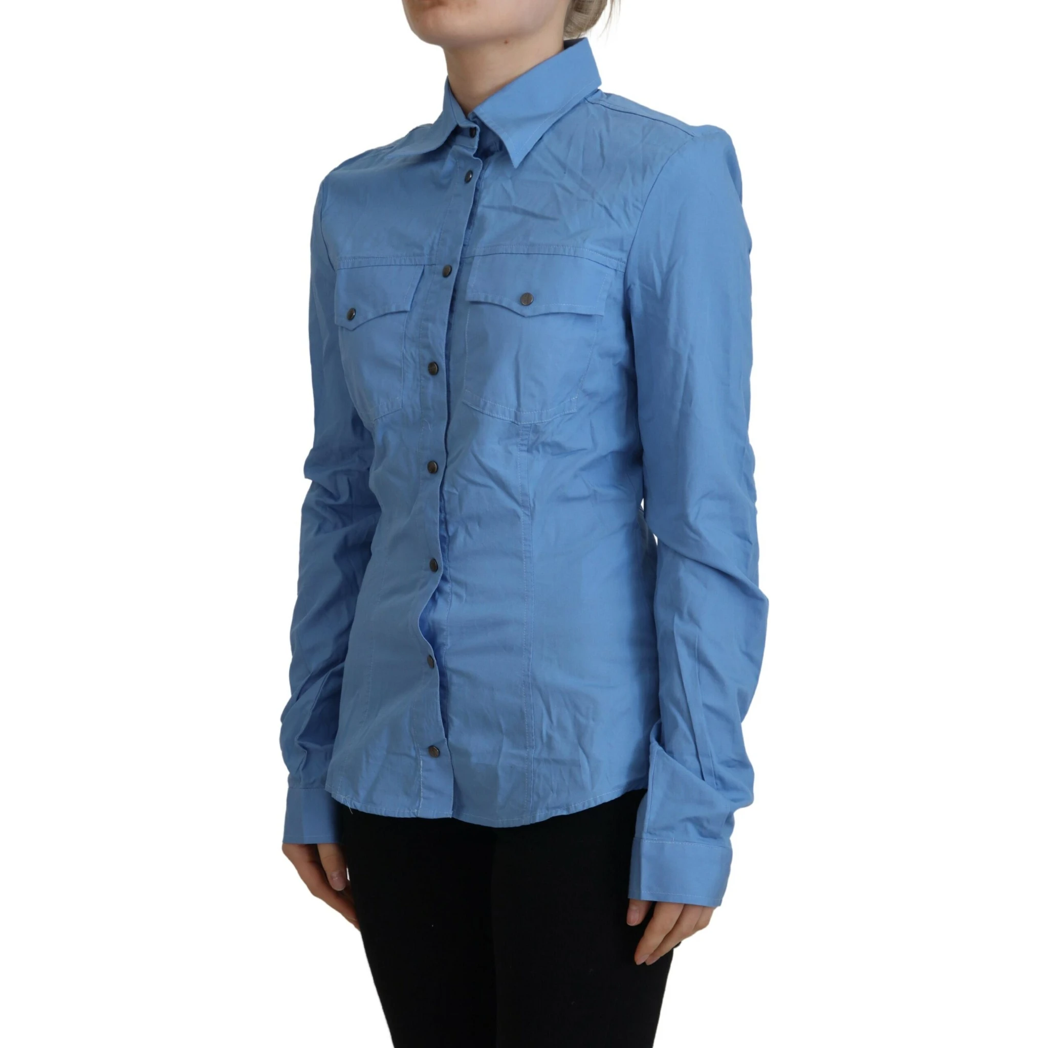 Blue Cotton Long Sleeves Collared Button Down Top