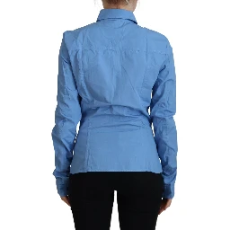 Blue Cotton Long Sleeves Collared Button Down Top