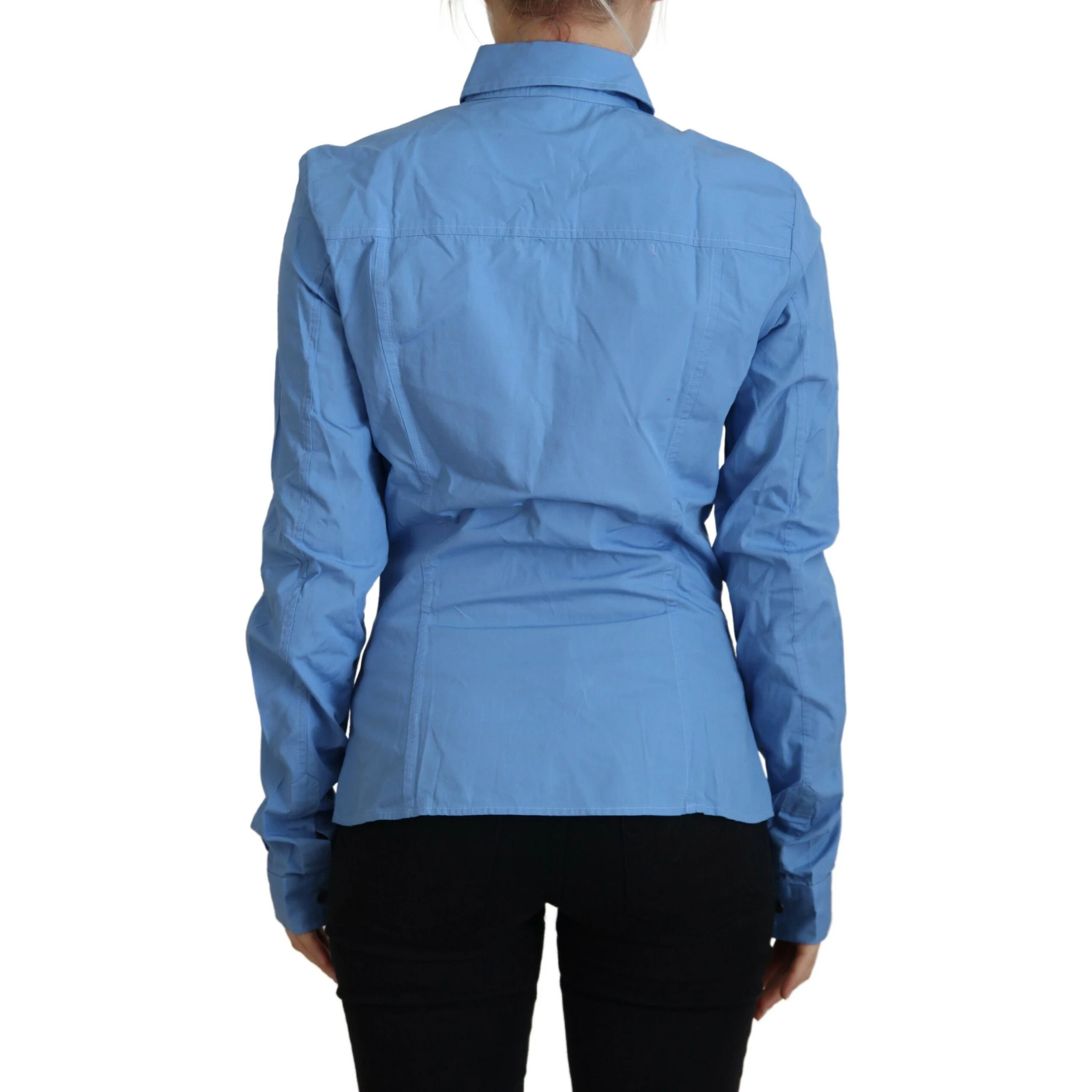 Blue Cotton Long Sleeves Collared Button Down Top