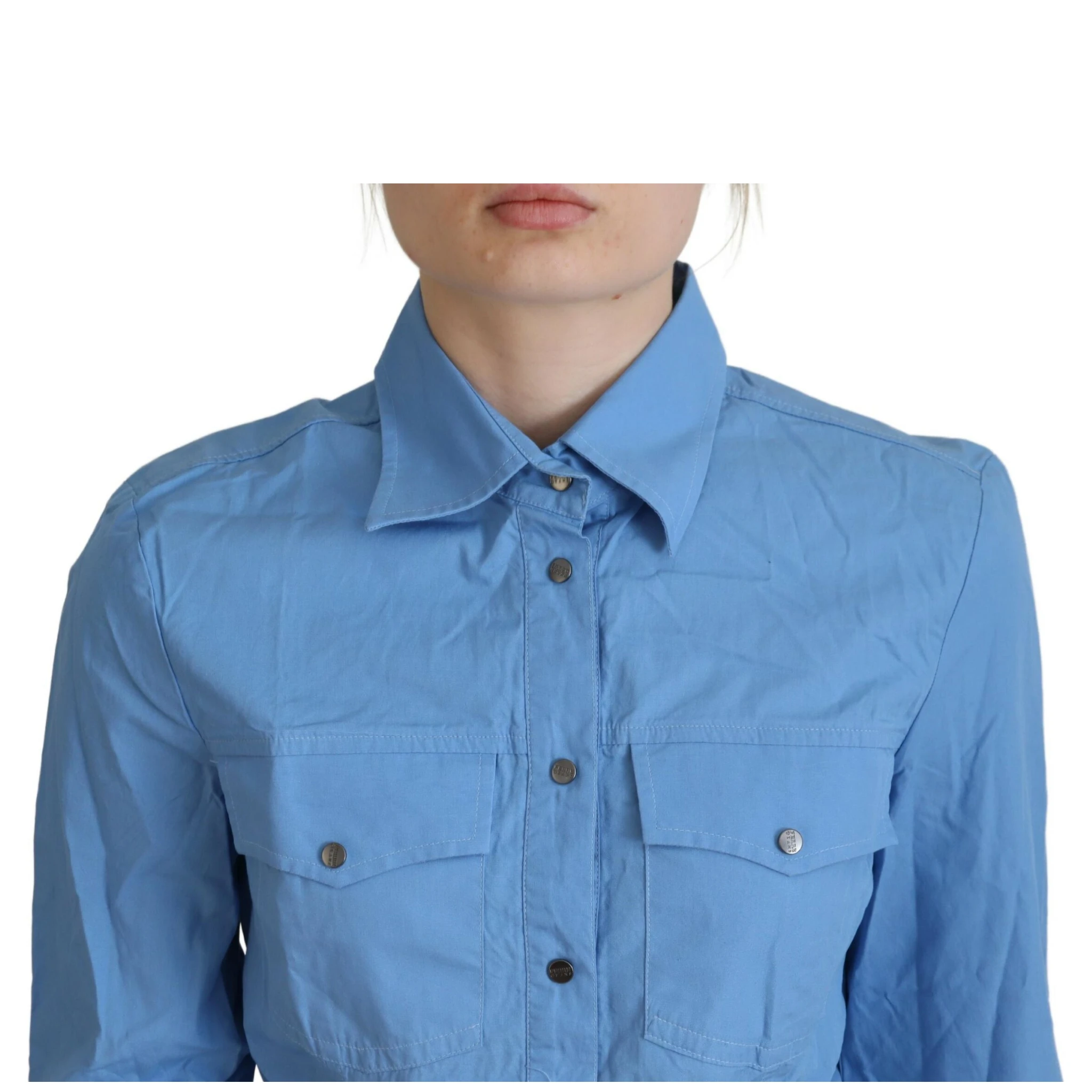 Blue Cotton Long Sleeves Collared Button Down Top