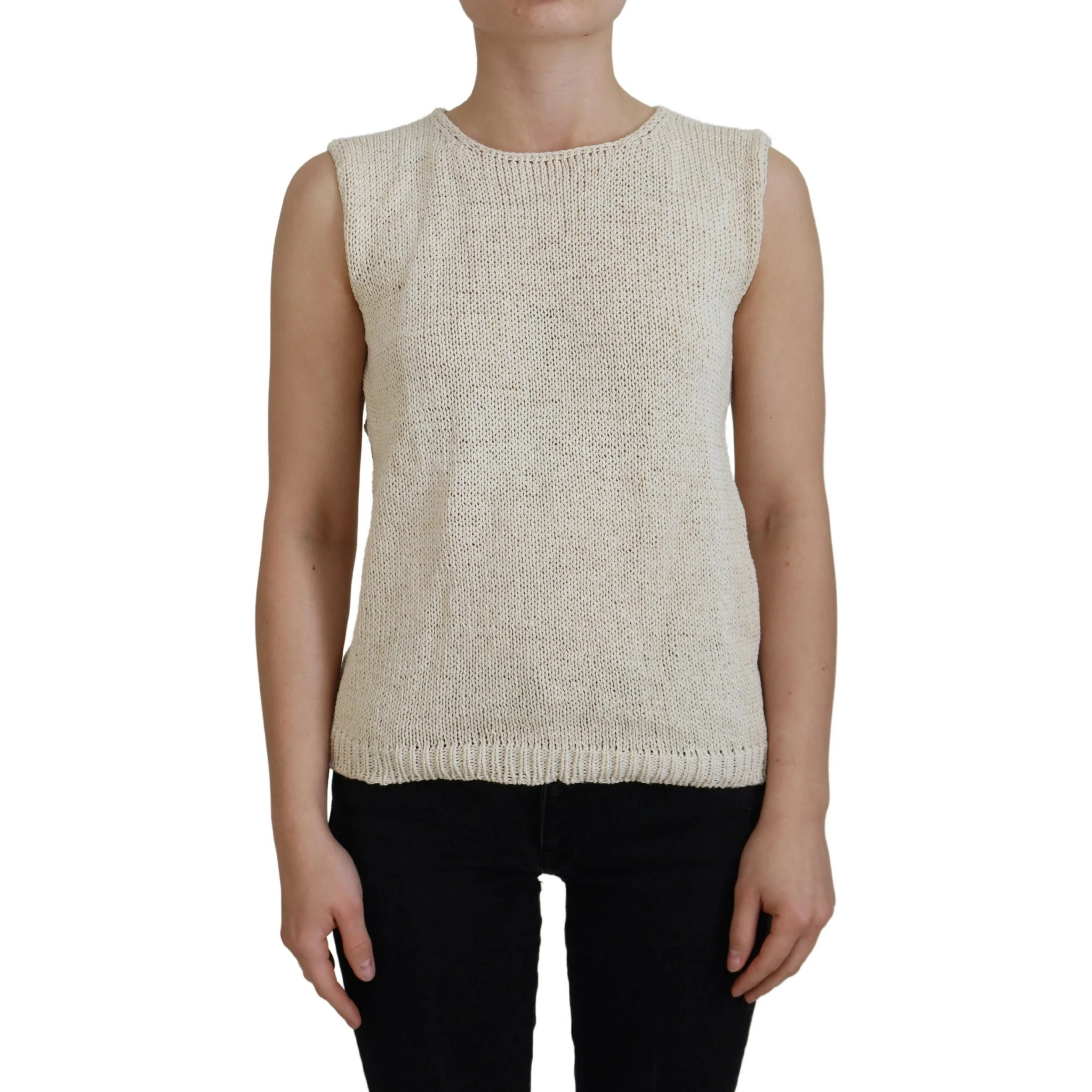 Beige Cotton Blend Sleeveless Round Neck Tank Top