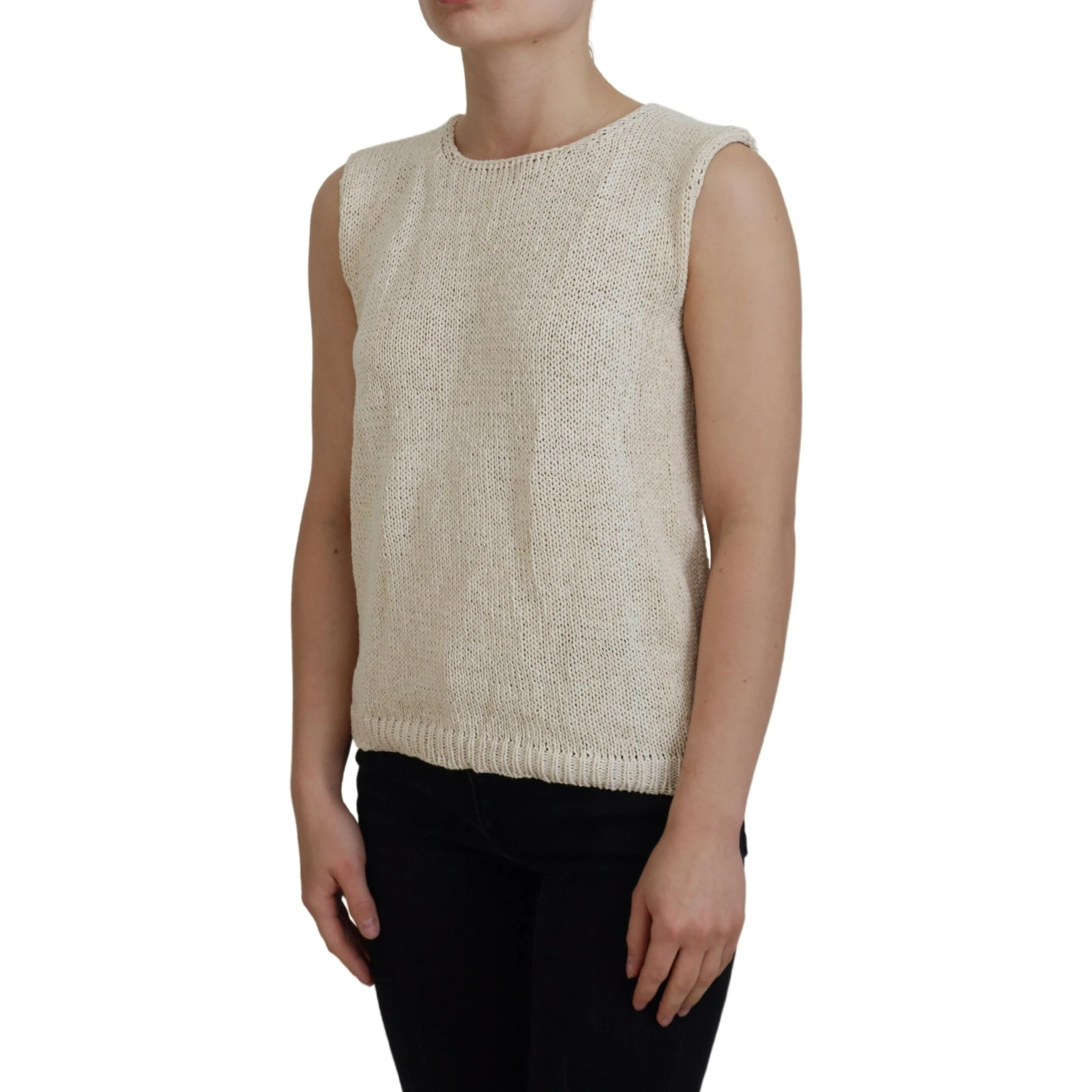 Beige Cotton Blend Sleeveless Round Neck Tank Top