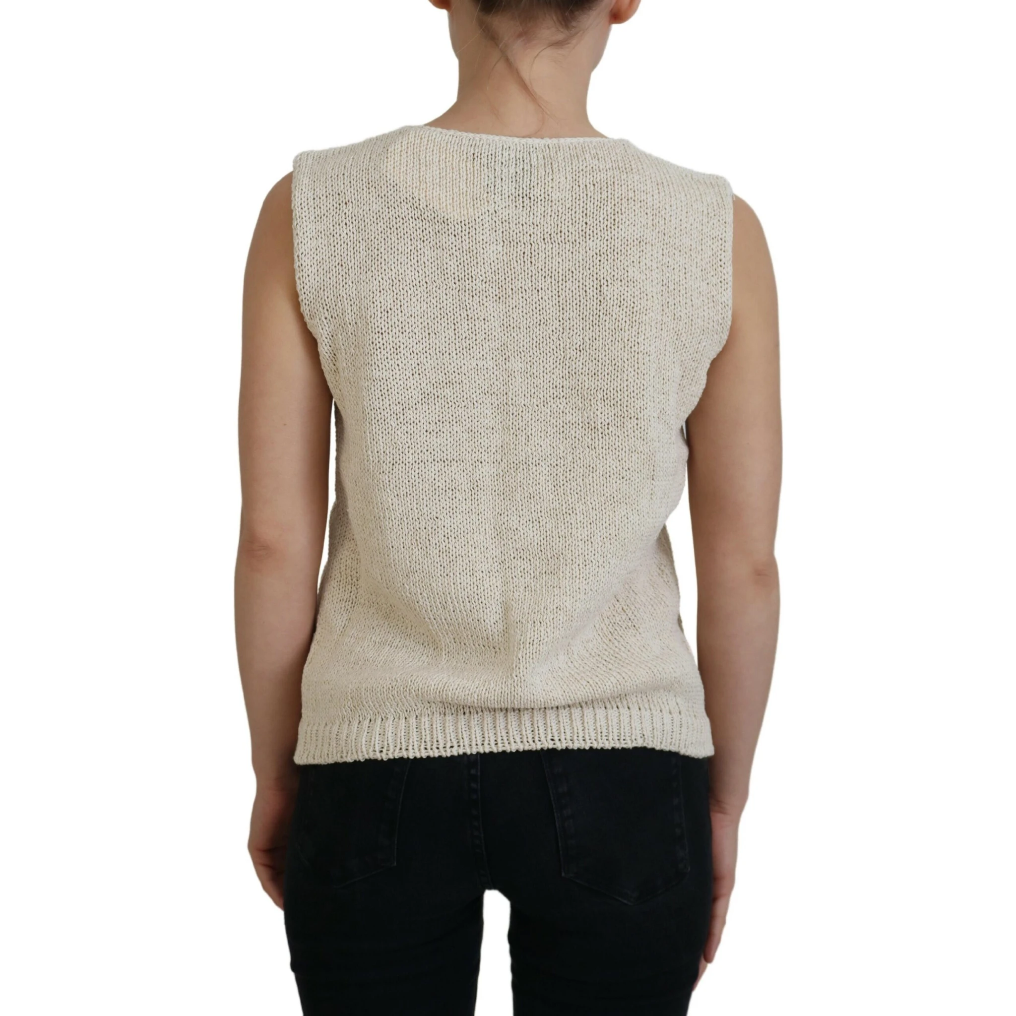 Beige Cotton Blend Sleeveless Round Neck Tank Top