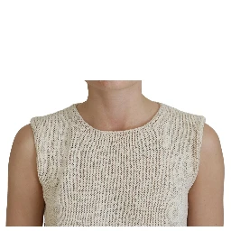 Beige Cotton Blend Sleeveless Round Neck Tank Top