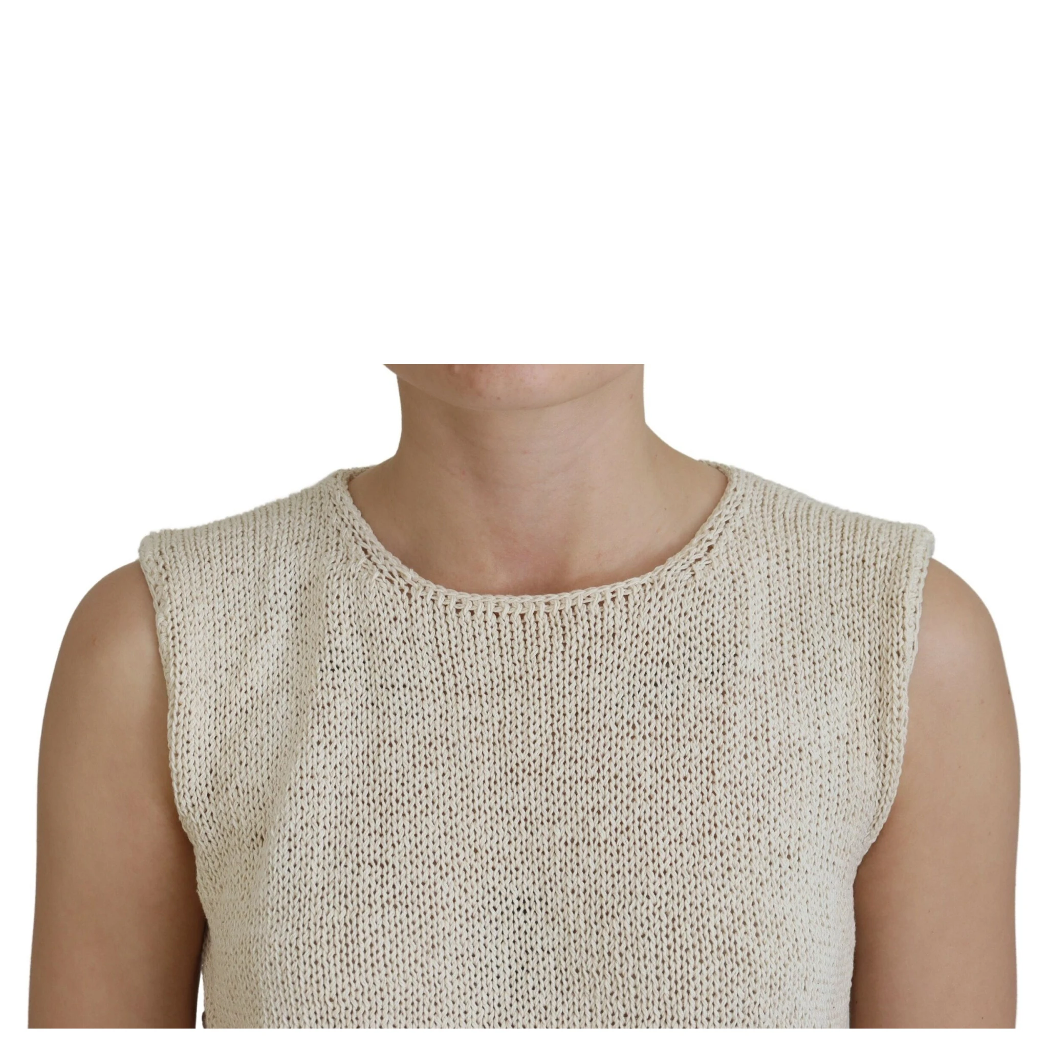 Beige Cotton Blend Sleeveless Round Neck Tank Top