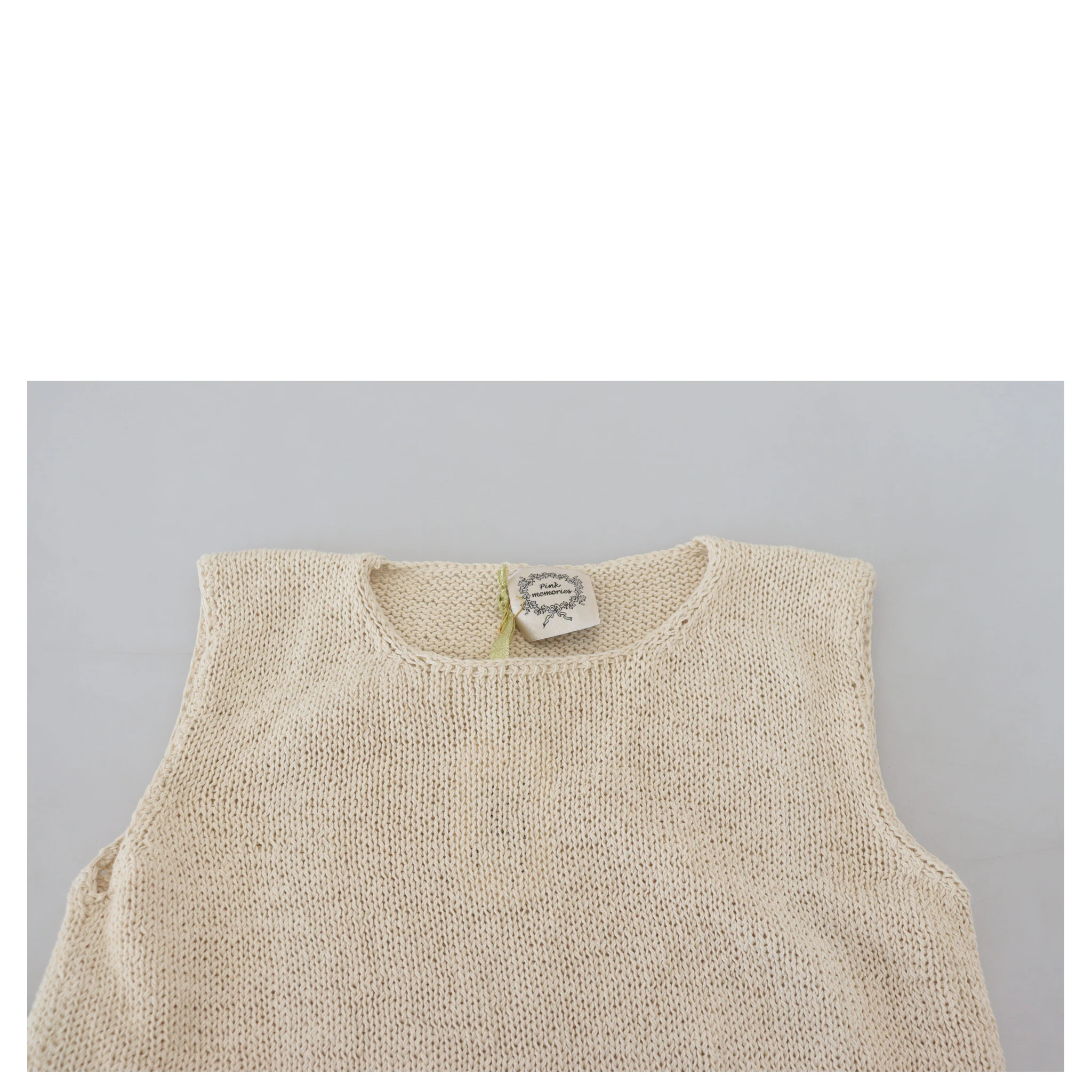 Beige Cotton Blend Sleeveless Round Neck Tank Top