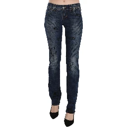 Blue Newspaper Print Low Waist Skinny Denim Pants