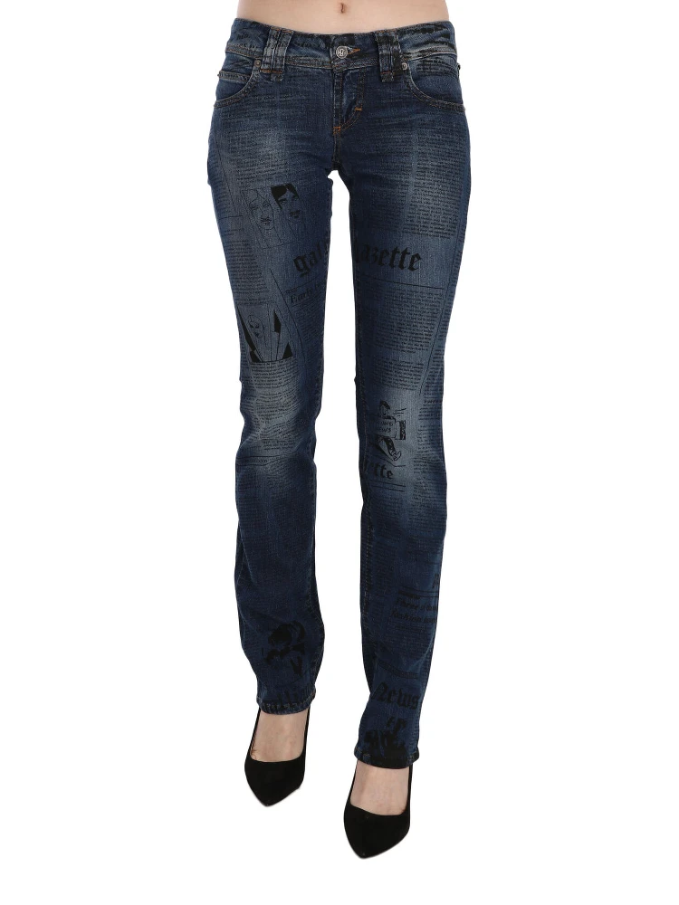 Blue Newspaper Print Low Waist Skinny Denim Pants