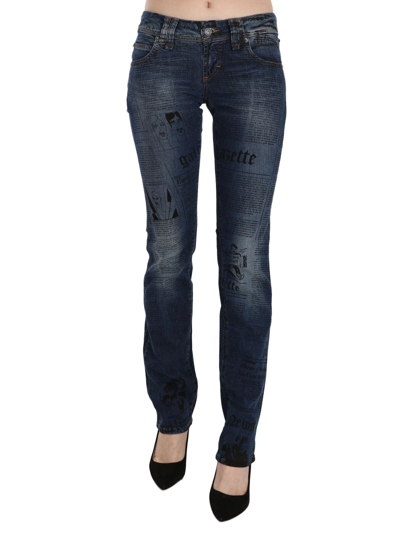 Blue Newspaper Print Low Waist Skinny Denim Pants