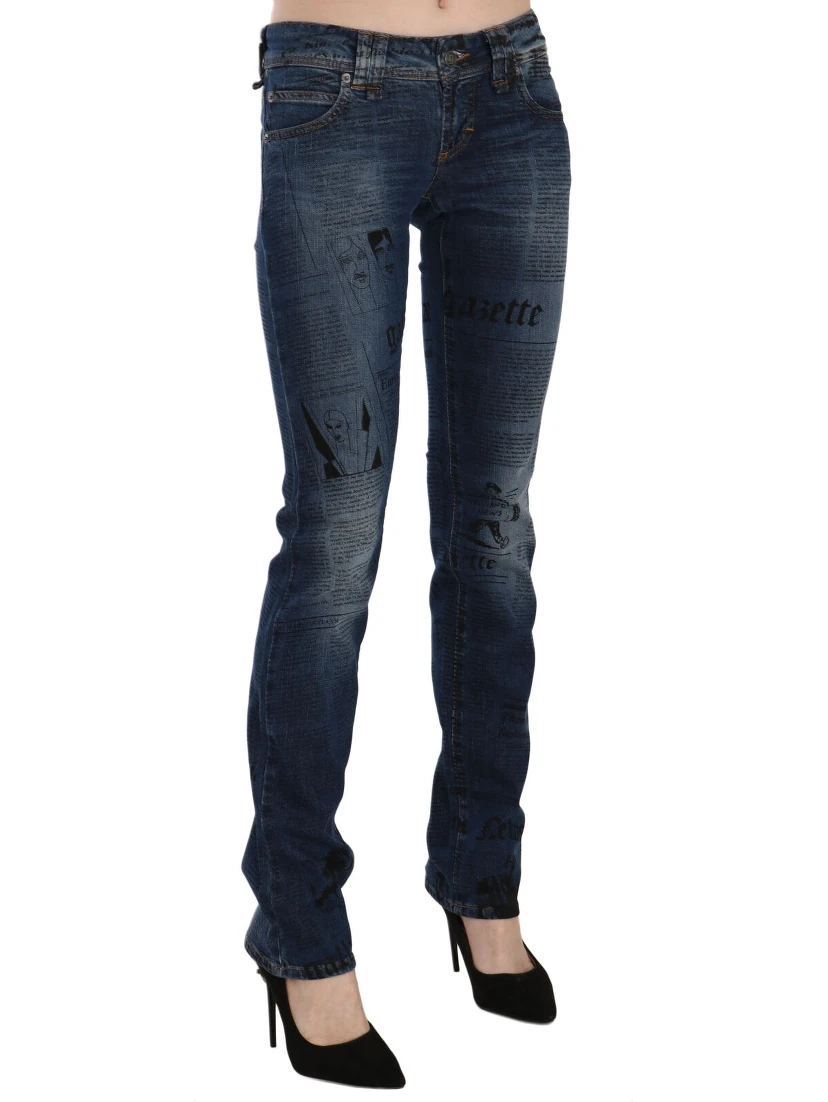 Blue Newspaper Print Low Waist Skinny Denim Pants