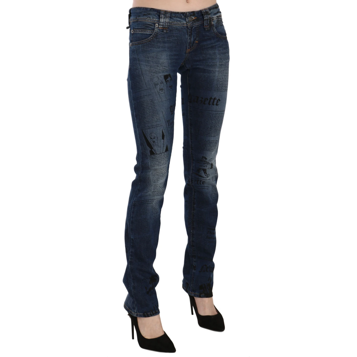 Blue Newspaper Print Low Waist Skinny Denim Pants