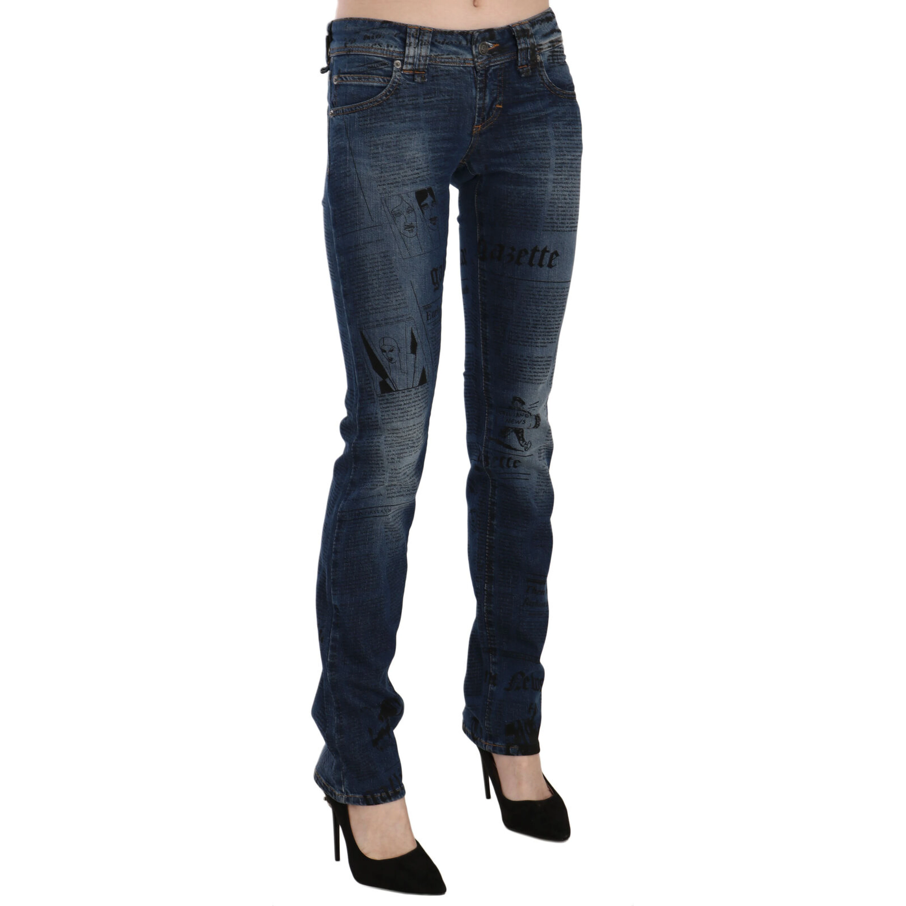 Blue Newspaper Print Low Waist Skinny Denim Pants