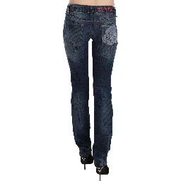 Blue Newspaper Print Low Waist Skinny Denim Pants