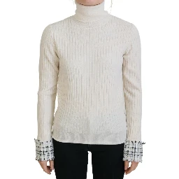 Ivory Turtleneck Distressed Cuff Pullover Sweater