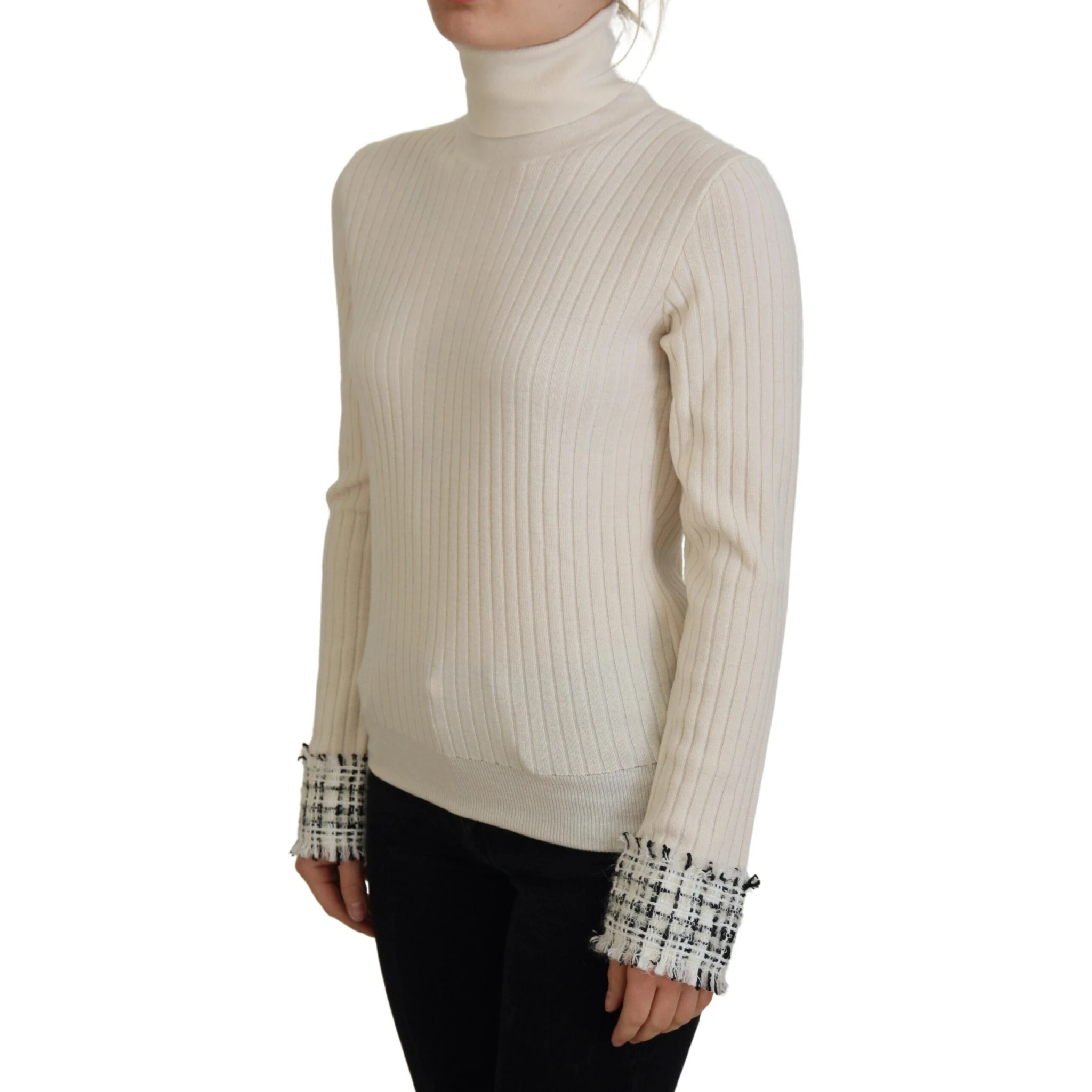 Ivory Turtleneck Distressed Cuff Pullover Sweater