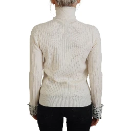 Ivory Turtleneck Distressed Cuff Pullover Sweater