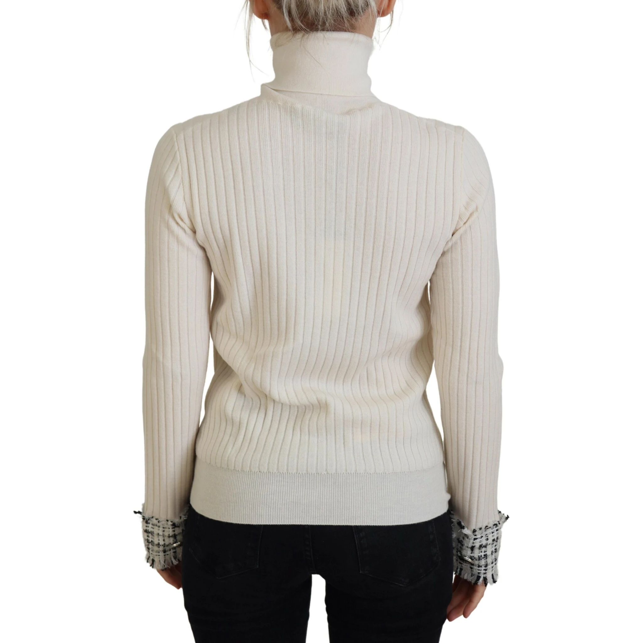 Ivory Turtleneck Distressed Cuff Pullover Sweater