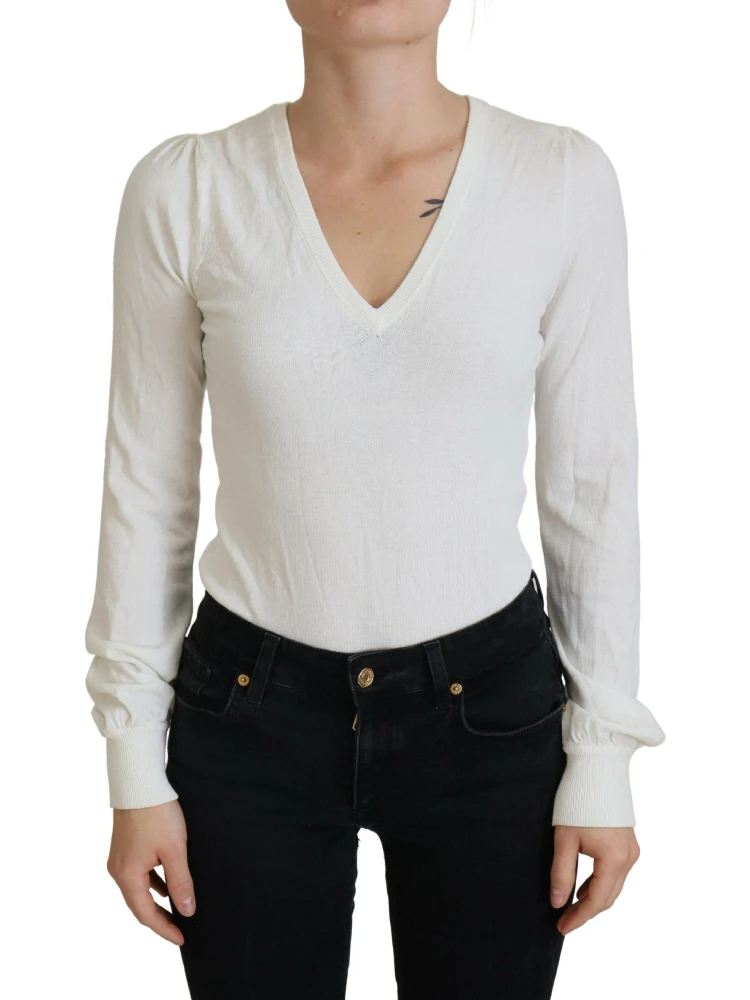 Ivory V-Neck Long Sleeves Women Blouse Top