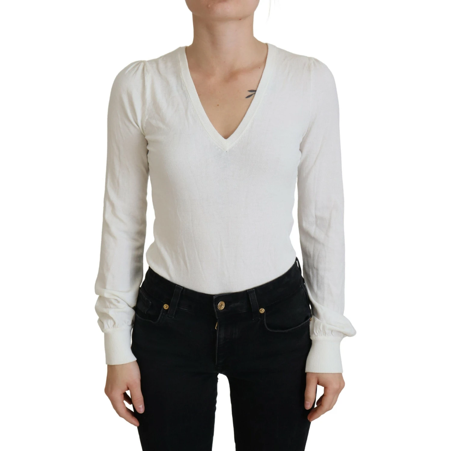 Ivory V-Neck Long Sleeves Women Blouse Top