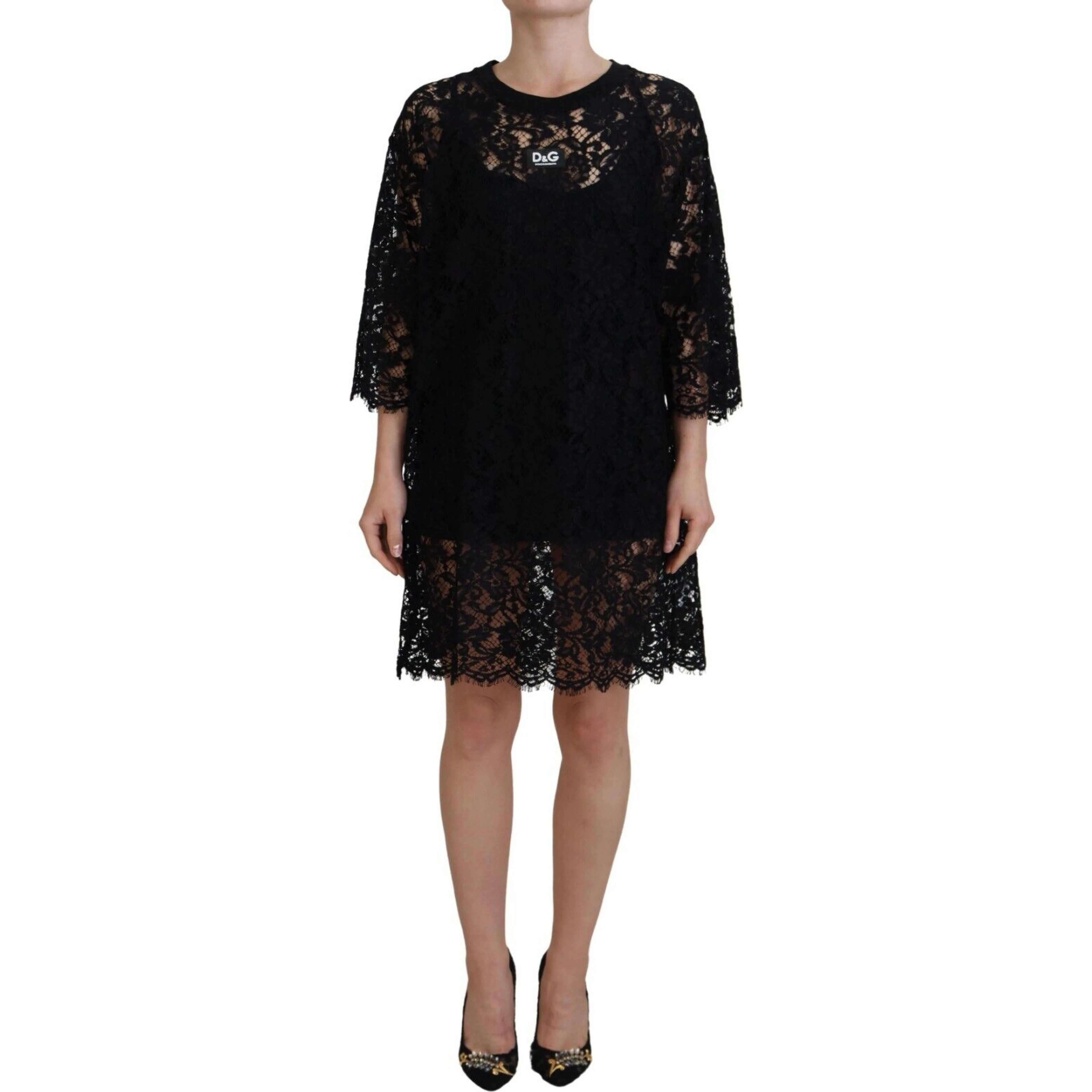 Black Floral Lace Cotton Shift Mini Dress