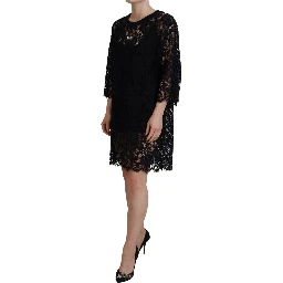 Black Floral Lace Cotton Shift Mini Dress