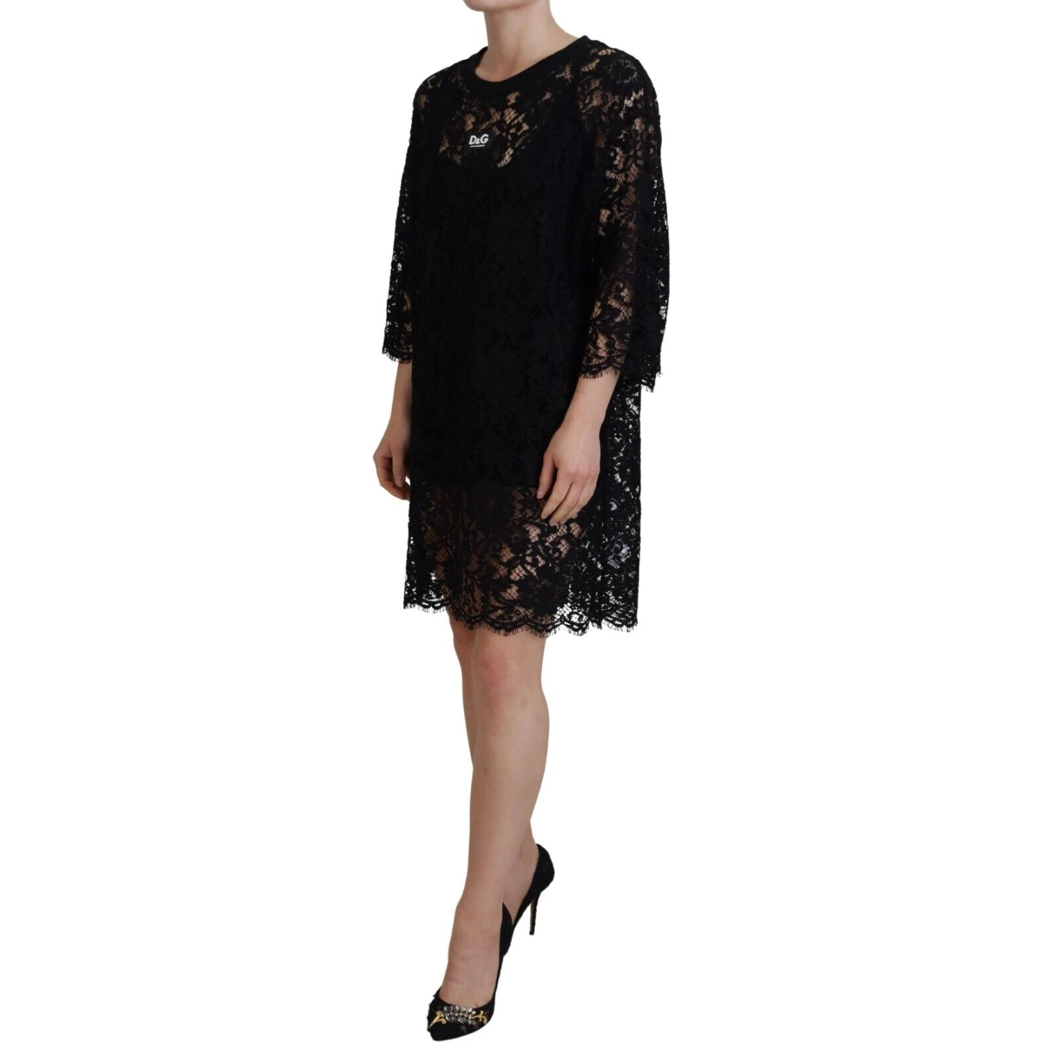 Black Floral Lace Cotton Shift Mini Dress