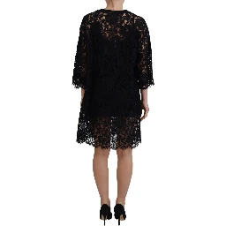 Black Floral Lace Cotton Shift Mini Dress