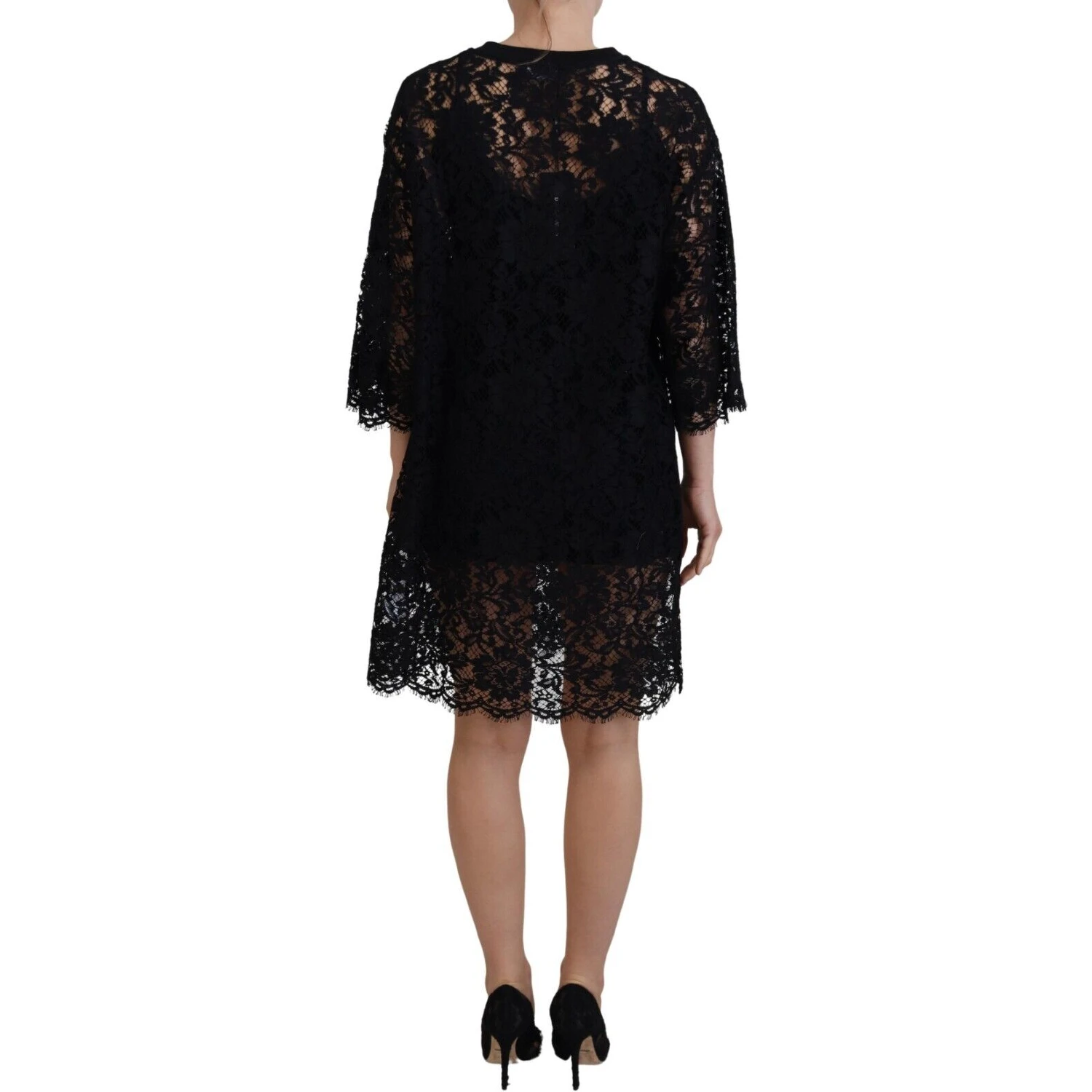 Black Floral Lace Cotton Shift Mini Dress