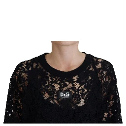 Black Floral Lace Cotton Shift Mini Dress