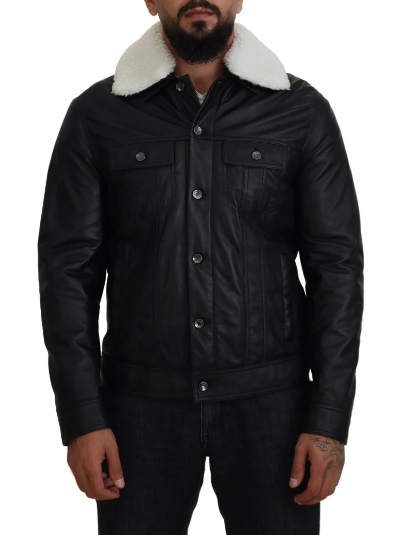 Black Lamb Leather Collared Men Coat Jacket