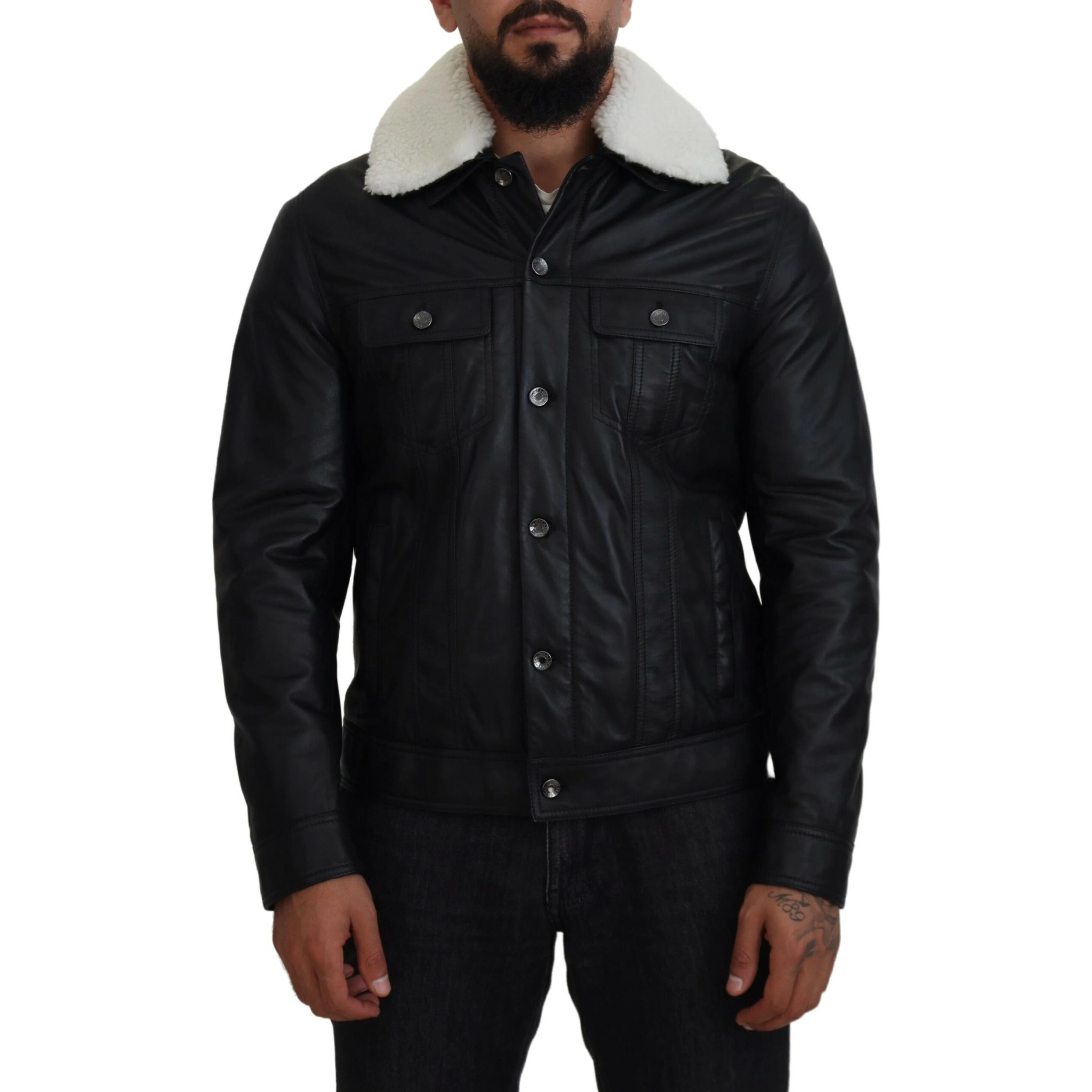 Black Lamb Leather Collared Men Coat Jacket