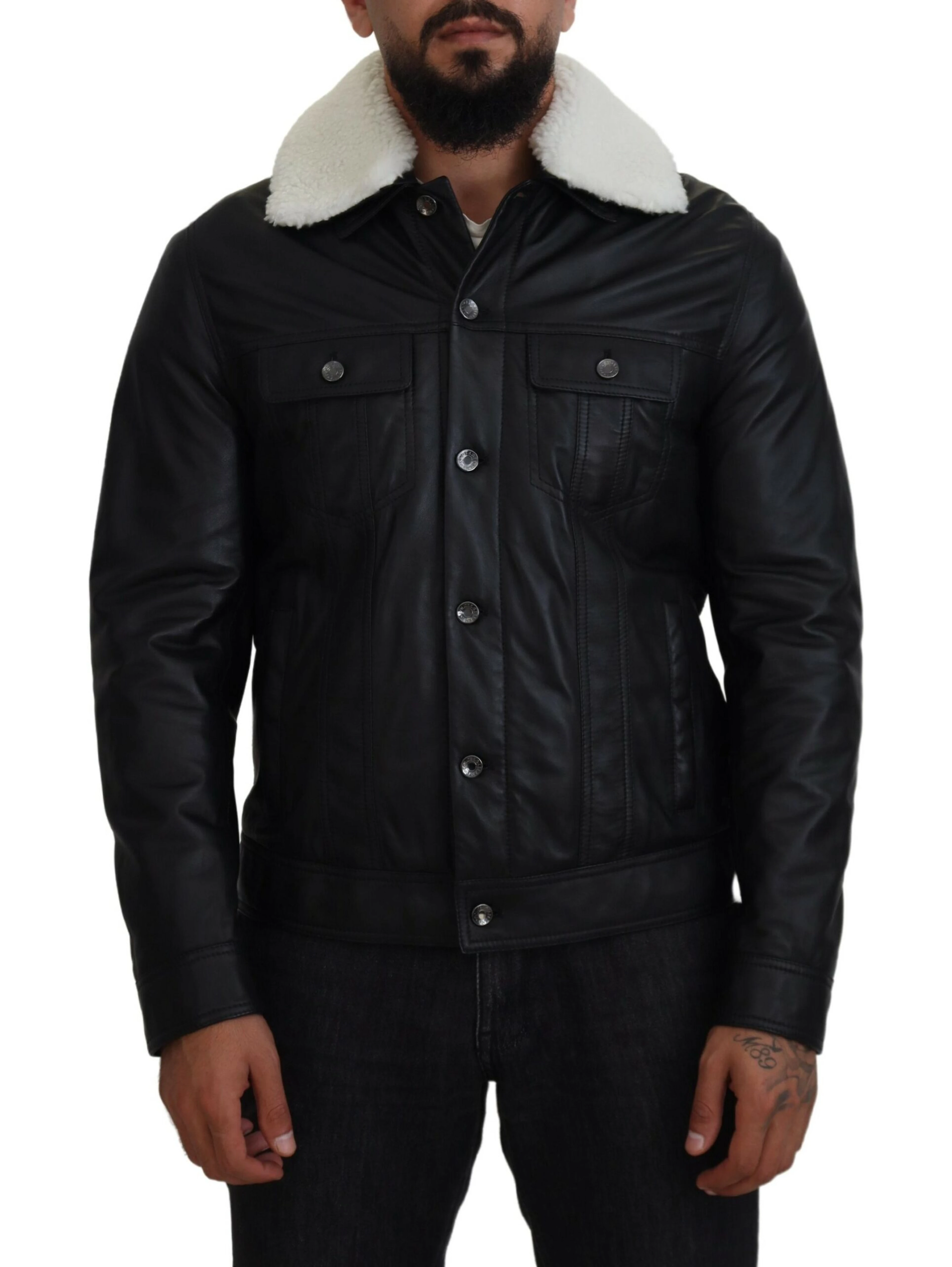 Black Lamb Leather Collared Men Coat Jacket