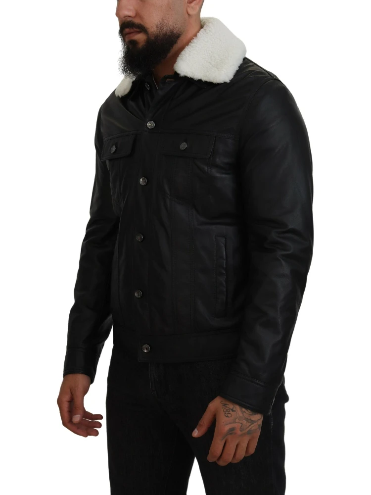 Black Lamb Leather Collared Men Coat Jacket alternative