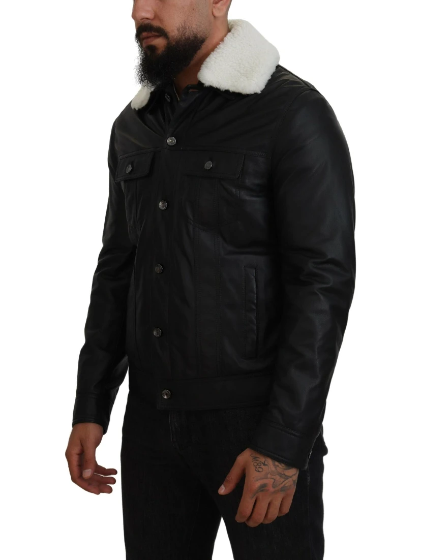 Black Lamb Leather Collared Men Coat Jacket