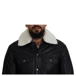 Black Lamb Leather Collared Men Coat Jacket