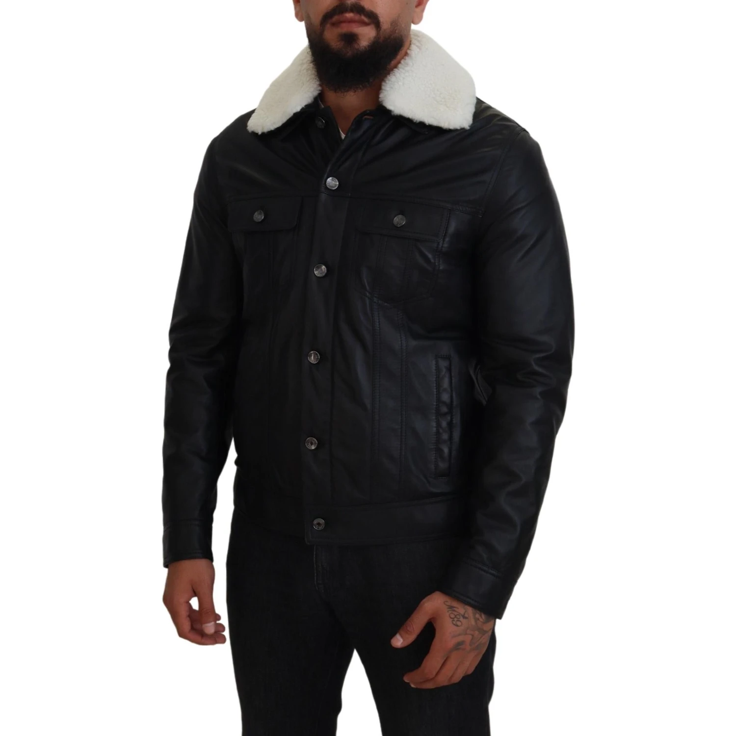 Black Lamb Leather Collared Men Coat Jacket